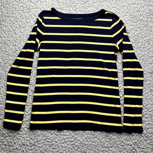 Talbots Stretch Weekend Shirt Womens Petite M Yellow Striped Long Sleeve Top